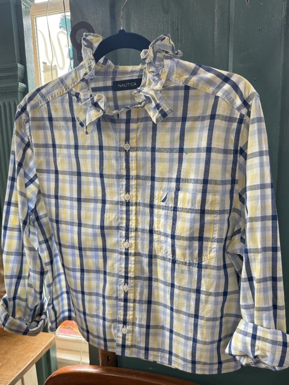 NAUTICA NAVY, YELLOW Check Button Down Shirt Upcycled  Repurposed One-of-Kind